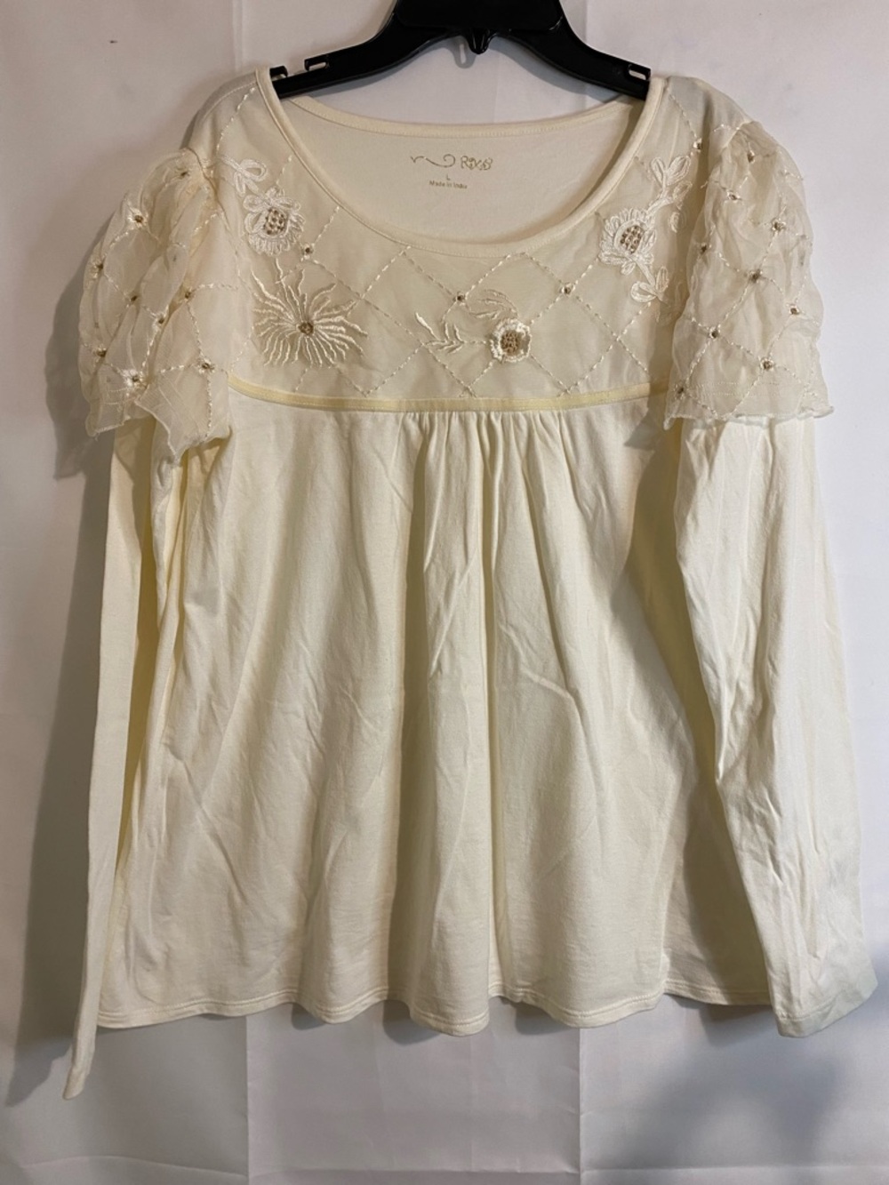 Women’s Embroidered Lace Yoke Long-Sleeve Blouse - Cream Made in India Size L